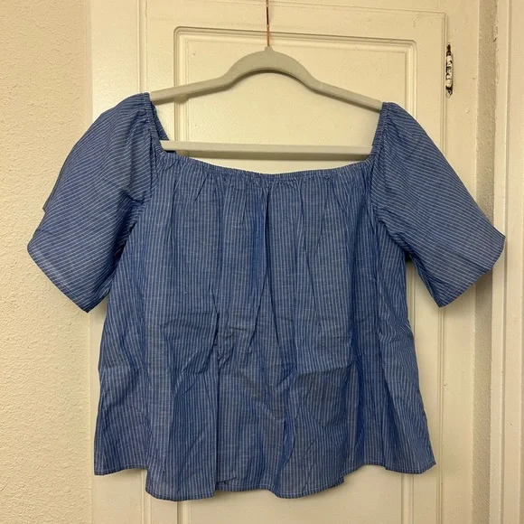 Express Peasant Linen Blend Top Smocked Style Stripes Size Medium Ruffle sleeves - Picture 5 of 8